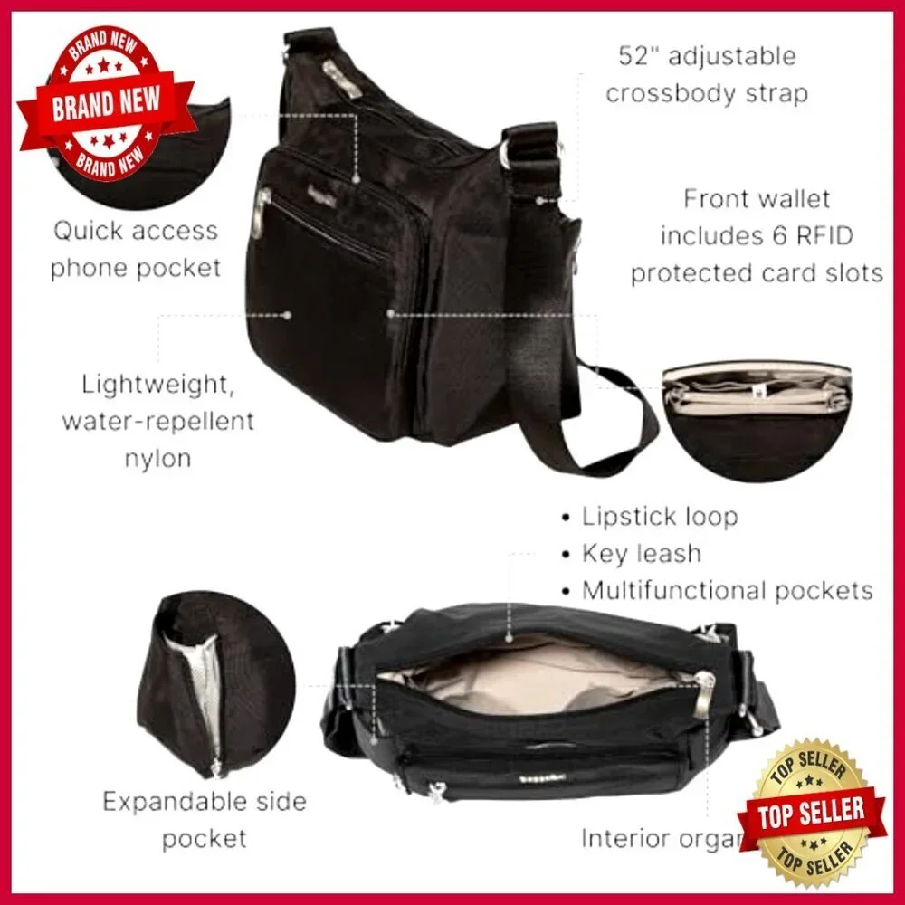 Spacious RFID-Protected Crossbody Hobo Bag with Water Bottle Pockets